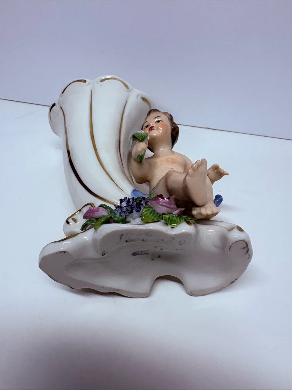 Vintage Porcelain Cherub Cornucopia Vase in White and Gold